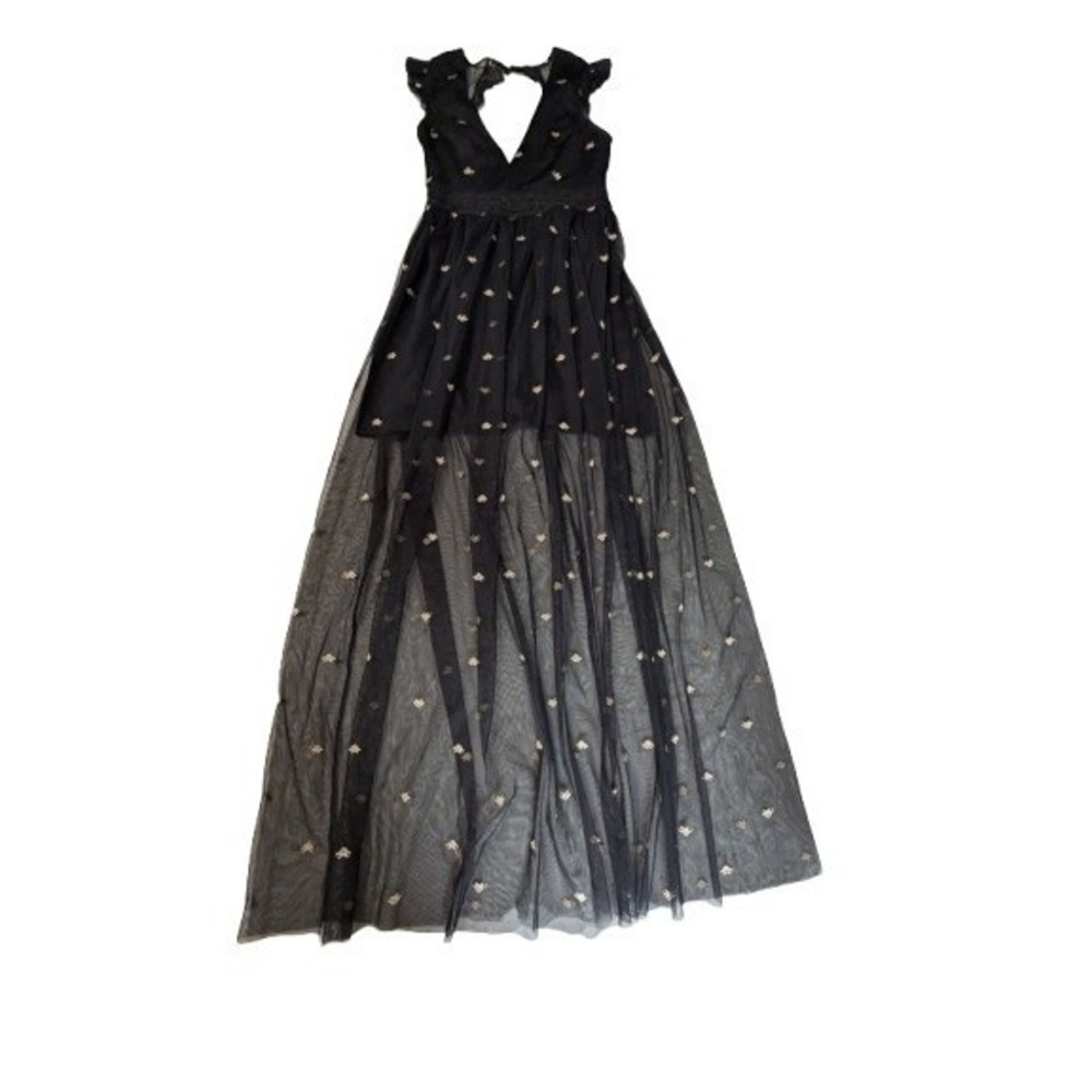 Romantic Black Embroidered Bee Mesh Maxi Dress | Ethereal Dark Cottagecore